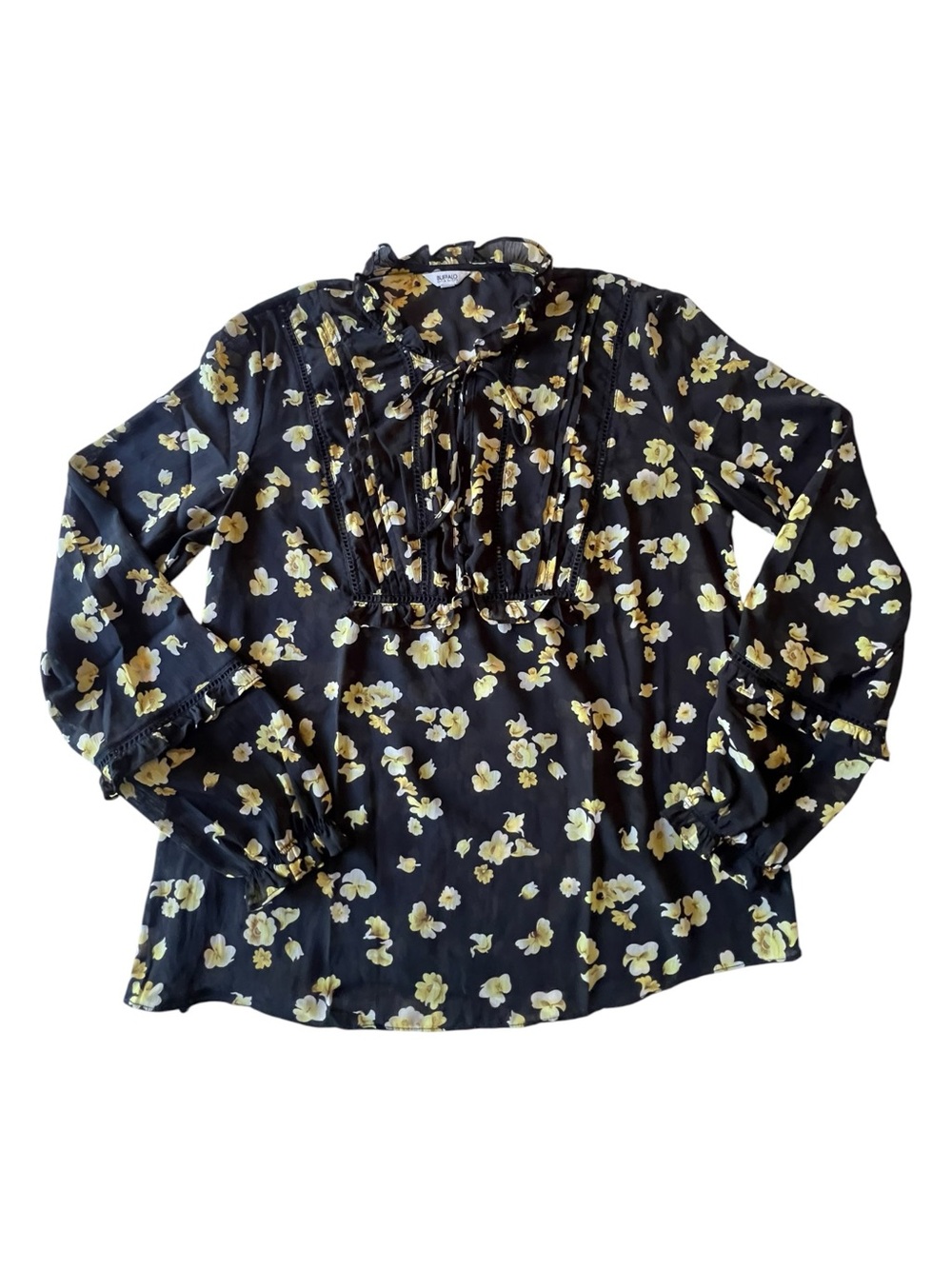 Black Floral Tie Neck Sheer Blouse Size Medium Dark Romantic Feminine